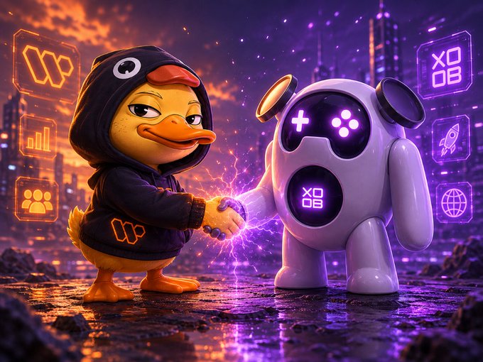 The image features a cartoon duck wearing a hoodie standing next to a robot figure with a gun. The two characters are shaking hands over a purple background that includes various logos, such as "XO", "OB", and "@wallchain". The caption of the image reads "One thing I’ve noticed about @wallchain real Mindshare comes from consistency, not just viral moments...Meanwhile, @NomismaNetwork keeps focusing on sustainable infrastructure".