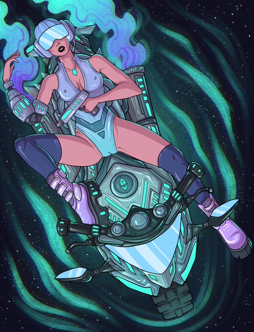 Stylized illustration of a futuristic female character wearing a VR headset, riding a high-tech hoverbike against a swirling green cosmic background.