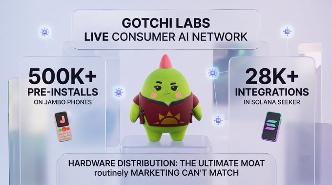 A promotional graphic for 'GOTCHI LABS LIVE CONSUMER AI NETWORK' displays a green cartoon character with pink hair, advertising '500K+ PRE-INSTALLS ON JAMBO PHONES' and '28K+ INTEGRATIONS IN SOLANA SEEKER'.