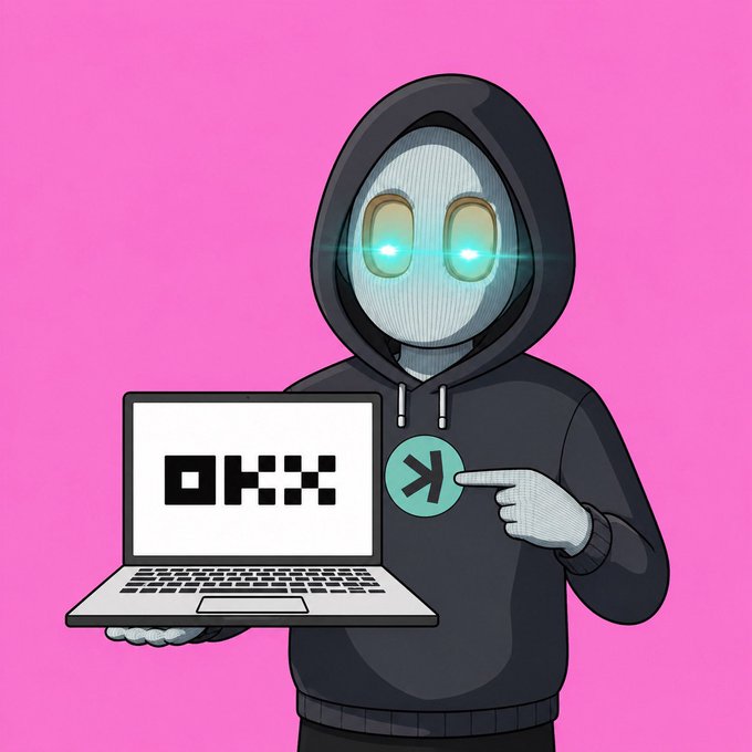 A cartoon figure in a black hoodie with glowing cyan eyes holds a laptop displaying "OKX" and points to the OKX logo, promoting the OKX trading platform alongside a referral link (okx.com/join/38441014) in the context of a volatile market.