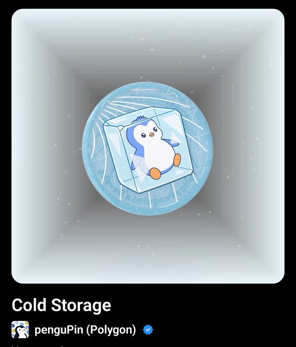 An NFT-style digital collectible called 'Cold Storage' from the 'penguPin (Polygon)' collection featuring an animated penguin inside a blue ice cube.