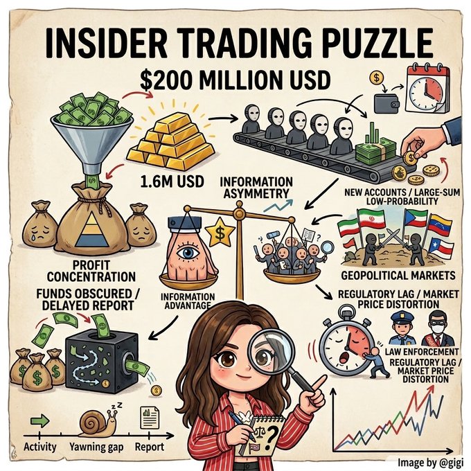 An infographic titled 'INSIDER TRADING PUZZLE' depicting $200 million USD in funds with elements like '1.6M USD', 'INFORMATION ASYMMETRY', and 'GEOPOLITICAL MARKETS'.
