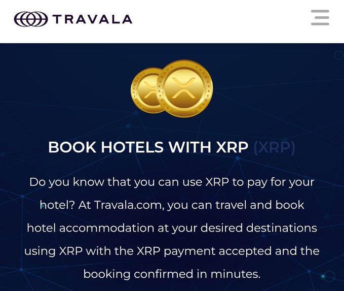 A Travala promotional graphic featuring two gold XRP coins on a dark blue background with text promoting hotel bookings using XRP (XRP) cryptocurrency, highlighting the platform's quick booking confirmation feature.