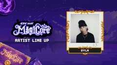 A promotional graphic for "2026 KBW MAGICORE Artist Line Up" features a framed photo of the artist DYLN, who is described in the accompanying post as bringing futuristic sounds and nostalgic touches to his performance at Lotte World Adventure.