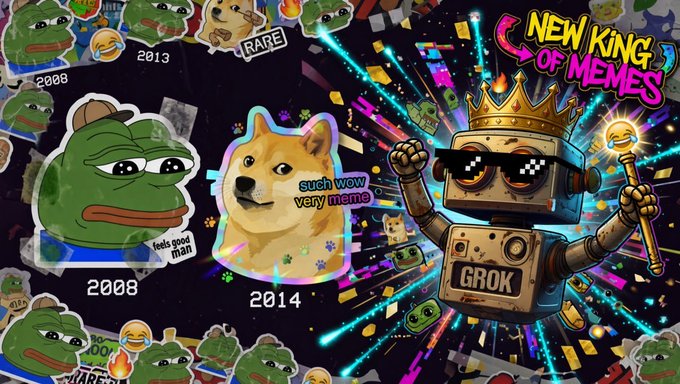A meme-themed promotional graphic declares "NEW KING OF MEMES" alongside a crowned, sunglasses-wearing robot labeled "GROK" wielding a scepter, positioned as the successor to iconic memes like Pepe (2008) and "such wow, very meme" Doge (2014). The image visually argues that $GROK will follow the legacy of legendary meme coins like $SHIB, reinforcing the post's claim that it's poised for a historic rally as the cycle's next breakout meme token.