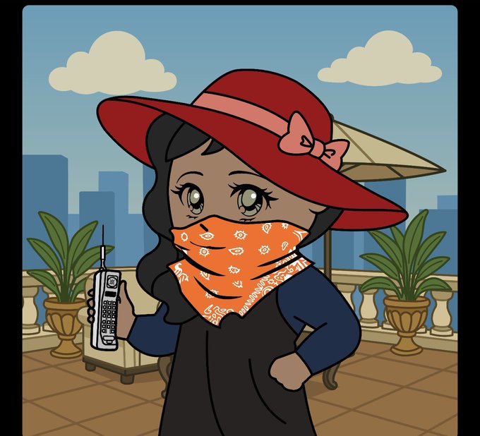 An anime-style cartoon illustration of a girl with dark hair wearing a wide-brimmed red hat with a pink bow, an orange patterned bandana mask, and a dark blue dress, holding a flip phone on a balcony overlooking a city skyline.