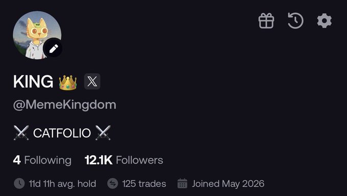 Twitter profile for KING (@MemeKingdom) with a cat avatar, bio 'CATFOLIO', 4 following and 12.1K followers, 1d 1h avg. hold, 125 trades, joined May 2026.