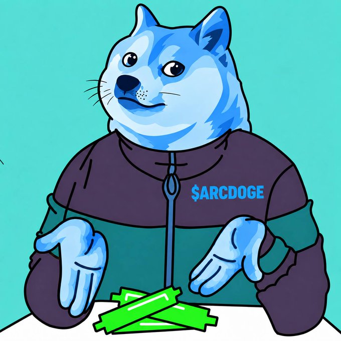 A cartoon illustration of a blue Shiba Inu dog mascot wearing a purple jacket with '$ARCDOGE' written on it, shrugging its hands over green dollar bills.