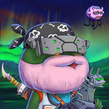 Cartoon illustration of a green-skinned character wearing a skull-patterned bandana and VR goggles with a pink beard, holding a weapon, with a small purple creature in the upper right against an aurora-lit background.