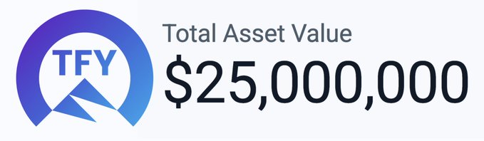 A graphic displays the TFY logo with text reading 'Total Asset Value $25,000,000'.