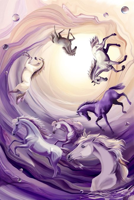 A dreamy digital illustration featuring multiple white, purple, and brown horses galloping in a circular motion around a glowing center, surrounded by bubbles and swirling pastel colors.