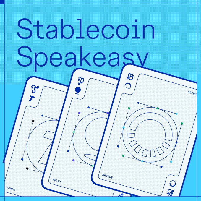 A promotional graphic for 'Stablecoin Speakeasy' featuring three illustrated card-like designs labeled TEMPO, PRIVY, and BRIDGE in blue line art on a light blue background.