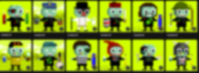 A blurry grid of twelve cartoon zombie character icons arranged in two rows of six, each featuring greenish skin and different outfits against a neon yellow background.