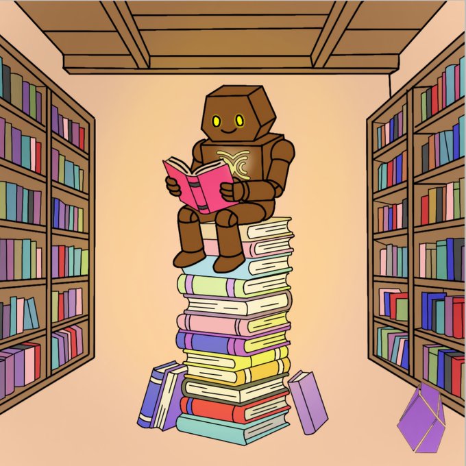 Cartoon illustration of a wooden golem-like figure with yellow eyes sitting on a tall stack of colorful books in a library, reading a pink book.