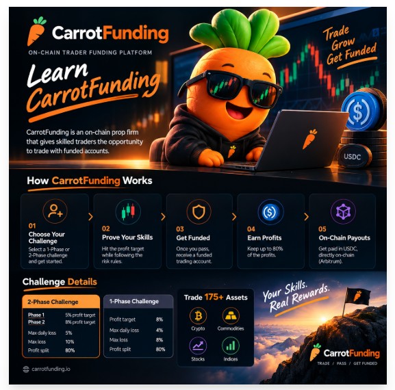 A promotional graphic for CarrotFunding, an on-chain prop firm trading platform, featuring a cartoon carrot mascot and explaining their 1-Phase and 2-Phase challenges with details like profit splits and profit targets.