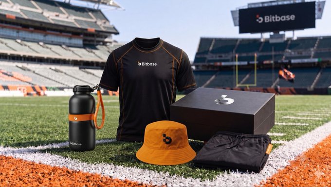 A Bitbase promotional merchandise display on a football field featuring branded items including a black t-shirt, water bottle, bucket hat, and gift box.