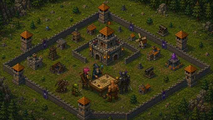 A fantasy/medieval strategy game screenshot showing a walled castle compound with towers, characters gathered around a map table, and surrounding forested terrain.