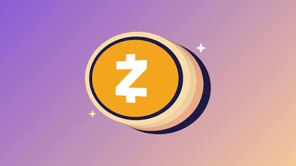 An illustration of a Zcash (ZEC) coin with a white 'Z' symbol on an orange circle, set against a purple gradient background.
