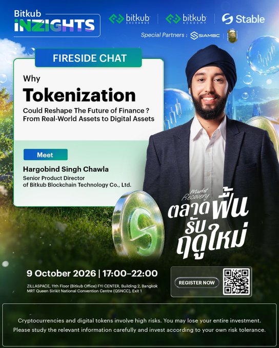 A promotional poster for 'Bitkub Insights' featuring a Fireside Chat titled 'Why Tokenization Could Reshape The Future of Finance?' with speaker Hargobind Singh Chawla, Senior Product Director of Bitkub Blockchain Technology Co., Ltd., dated 9 October 2026.