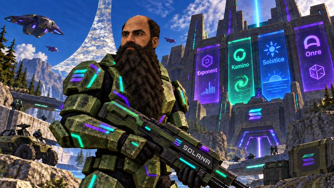 A video game promotional image featuring a bearded soldier in green armor holding a "SOLANA" branded weapon, with floating banners displaying crypto names "Exponent," "Kamino," "Solstice," and "Onre" against a futuristic landscape.