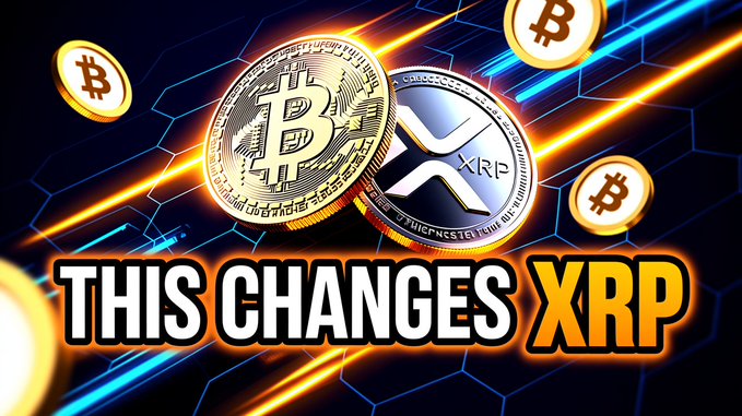 A vibrant thumbnail features large Bitcoin and XRP coins against a glowing neon grid background, with bold text reading "THIS CHANGES XRP." It ties to the post by highlighting major news for Ripple/XRP and hinting at trouble ahead for Ethereum.