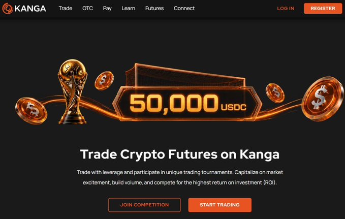 The image features a website for KANGA trade platform that promotes trading with cryptocurrency, especially focusing on cryptocurrencies like Bitcoin. The background of the webpage displays an advertisement with a golden trophy symbolizing the prize for winning the cryptocurrency market. A prominent feature in the image is the phrase "Trading crypto futures on kanga", which suggests this platform is specifically designed for trading cryptocurrency and cryptocurrency futures markets related to KANGA, possibly using KANGA's own currency or tokens. The website includes links that direct users to start trading with the provided cryptocurrency exchange.