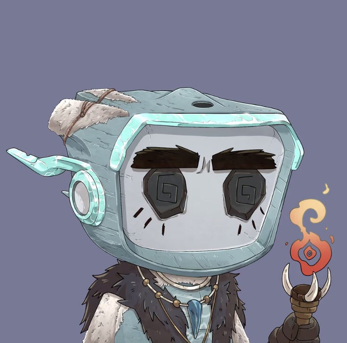 A cartoon illustration of a character with a teal robot-like helmet featuring spiral patterns, tribal clothing, and holding a torch with an orange flame against a purple background.