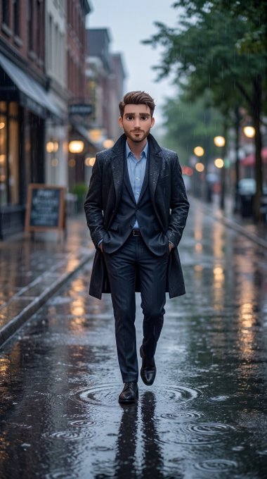 A man in a dark suit and overcoat walks down a wet city street with his hands in his pockets, rain visibly falling around him.