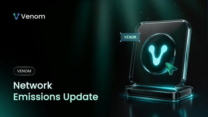 The image shows a glass box with a green light inside, which appears to be a computer monitor or laptop screen displaying an update for the Venom Protocol. The text "Emissions Paused on Legacy Network As part of the Venom Protocol Upgrade" is visible in the image. This suggests that the update has paused emissions from the current network and is now being deployed as part of the protocol upgrade process, which will likely result in a more efficient and environmentally friendly network infrastructure.