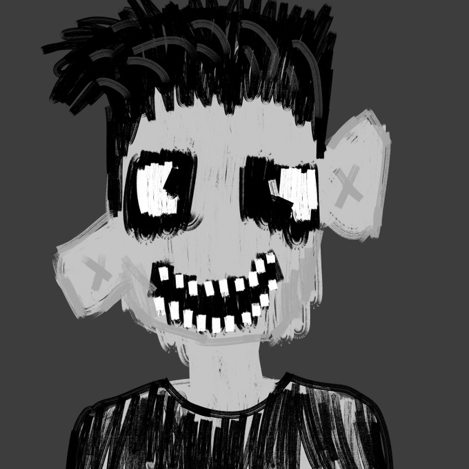 Black and white sketch-style digital drawing of a character with spiky black hair, large hollow eyes, and a wide toothy grin, wearing a striped shirt.