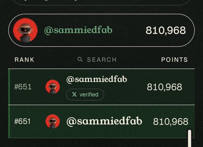 A leaderboard screenshot shows user **@sammiedfab** ranked #651 with **810,968 points**, with a "verified" badge displayed beneath the username. The image is presented to substantiate the poster's claim of having accumulated a high point total (nearly 811K), likely as proof of eligibility or standing for the promised airdrop allocation.