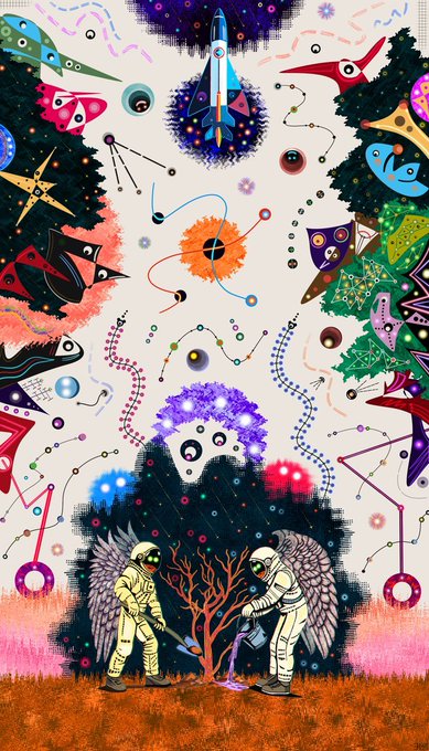 A colorful psychedelic artwork features astronauts tending to a tree, surrounded by stylized fish, planets, and cosmic elements.