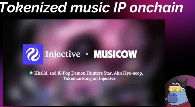 The image features a cartoon pig wearing sunglasses, with text that reads "On 14th May @Injective ecosystem made announcement of partnership with Musicow aiming to tokenize music IP onchain. Bringing music intellectual property rights onchain for fans and investors globally was the sole aim of the partnership". The pig is positioned in front of a purple background, which adds a pop of color to the image.