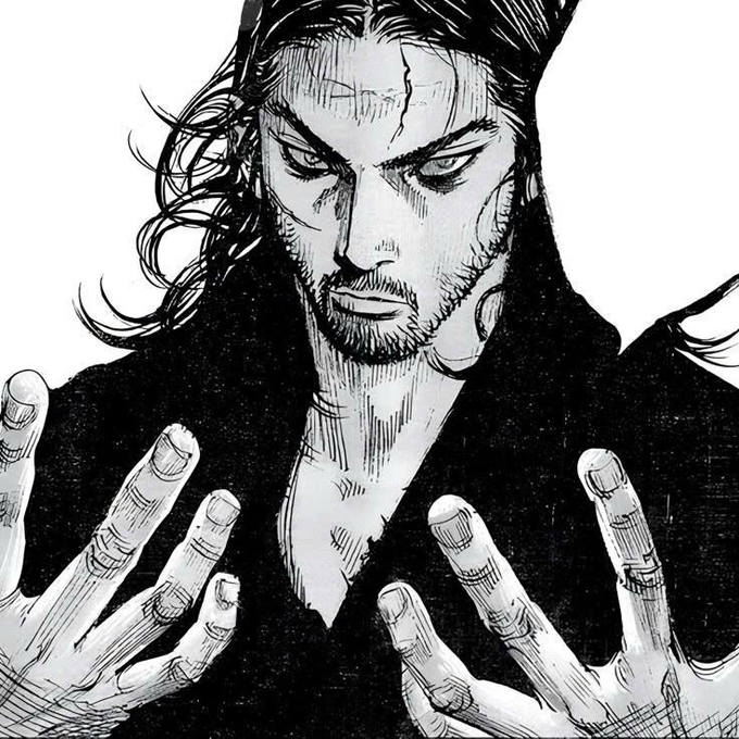 A black-and-white manga illustration of a stern, scarred man with long dark hair reaching both hands forward menacingly.