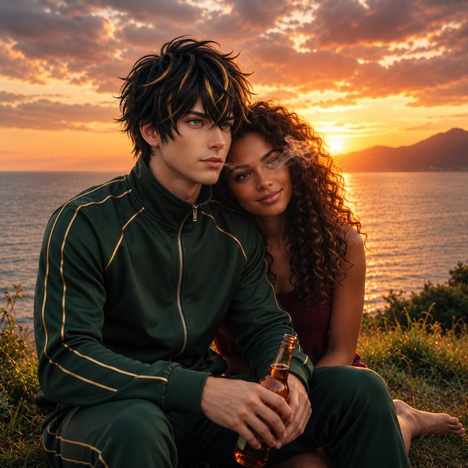 An anime-style illustration shows a young man and a curly-haired woman sitting together by the ocean at sunset, with the man holding a beer bottle.
