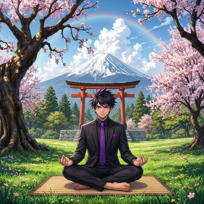 An anime-style illustration of a young man with purple eyes in a black suit meditating on a mat, with Mount Fuji and a red torii gate in the background.