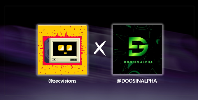 Promotional graphic showing a collaboration between @zecvisions and @DOOSINALPHA, with a yellow pixel-art monitor logo and a green stylized 'D' logo separated by an 'X'.