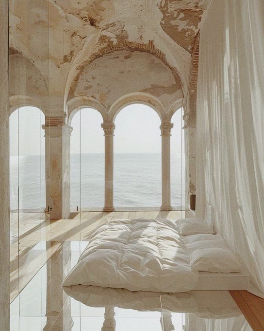 A bed with white linens sits in a room with arched stone windows overlooking the sea, featuring mirrored flooring and sheer curtains.