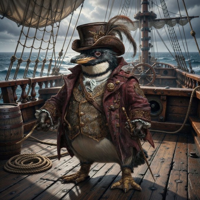 An anthropomorphic penguin dressed in elaborate Victorian pirate attire, including a feathered top hat and ornate coat, stands on the deck of a ship.