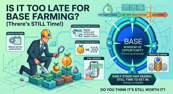An infographic titled 'IS IT TOO LATE FOR BASE FARMING? (There's STILL Time!)' featuring a character in a hard hat with a magnifying glass, charts, coins, and sections labeled 'REPEAT ACTIONS', 'QUALITY OVER QUANTITY', and 'STAY UPDATED'.