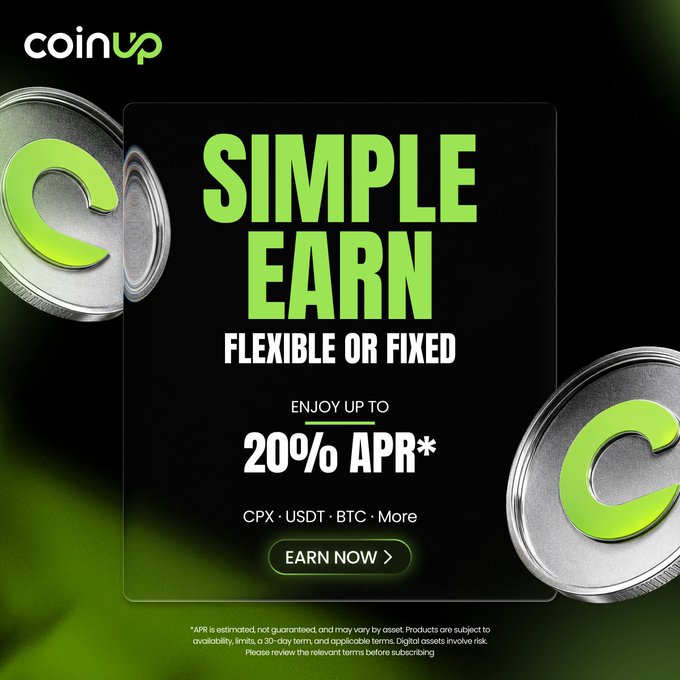A promotional banner for CoinUp's "Simple Earn" program, advertising up to 20% APR on flexible or fixed terms for assets like CPX, USDT, and BTC, with a call-to-action "Earn Now" button—visually reinforcing the post's message about multiple earning options available at coinup.io.