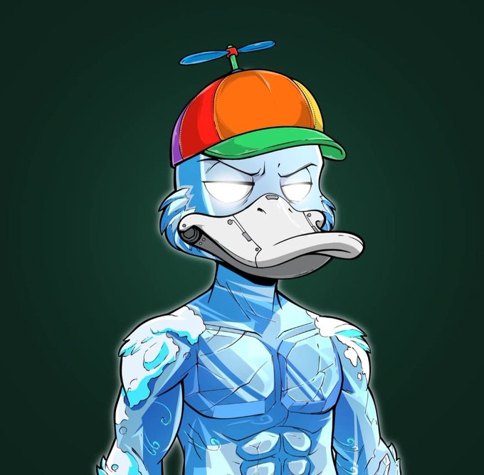 A cartoon-style illustration of an anthropomorphic blue duck character wearing a rainbow propeller cap, displaying glowing white eyes and a muscular, icy body.