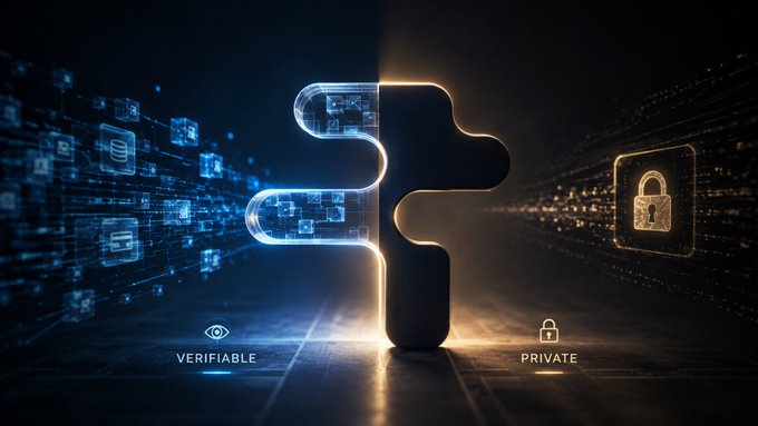 A glowing puzzle-piece logo splits the image into two halves: the left side is rendered in blue with digital data streams and labeled "VERIFIABLE," while the right side glows golden with a padlock icon and is labeled "PRIVATE." This visual duality perfectly illustrates the post's message about Rialo enabling blockchain applications that achieve on-chain verifiability while keeping sensitive financial data private.