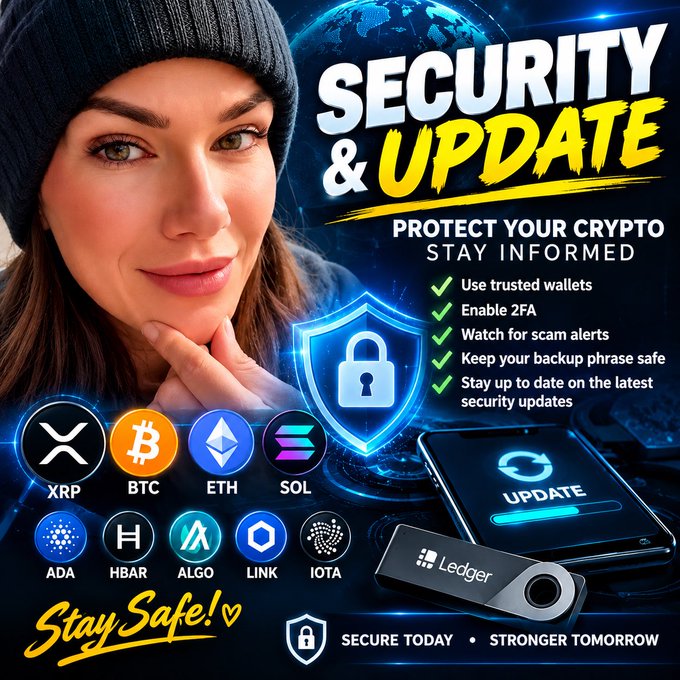 A "SECURITY & UPDATE" graphic featuring a woman in a beanie, advising viewers to "PROTECT YOUR CRYPTO STAY INFORMED" with tips like using trusted wallets and enabling 2FA, alongside crypto ticker logos (XRP, BTC, ETH, SOL, ADA, HBAR, ALGO, LINK, IOTA) and a Ledger hardware wallet.