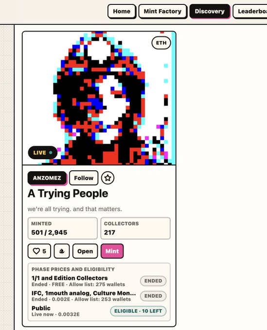 A webpage for a digital art collection titled 'A Trying People' by ANZOMEZ on what appears to be a Mint Factory platform, showing 501/2,945 minted, 217 collectors, with various minting phases listed including an eligible public phase.