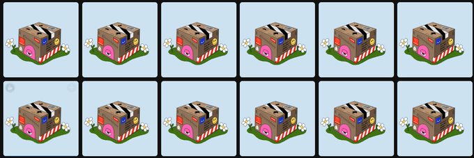 A grid of 12 identical cartoon-style cardboard box characters resembling robot or bear faces, displayed in two rows of six.
