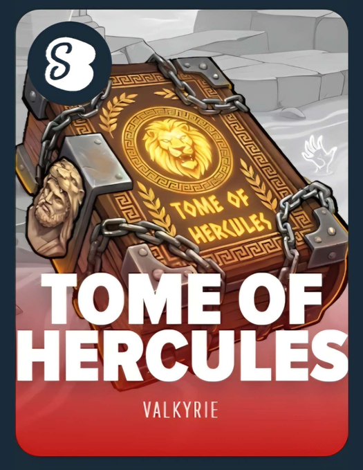 A promotional graphic for "Tome of Hercules" by Valkyrie featuring an ornate, chained tome with a golden lion emblem and a bearded figure carved on its side, set against a classical Greek-themed backdrop. The image ties into the post announcing a new game from @ValkyrieXStudio, encouraging followers to engage and potentially win tips.