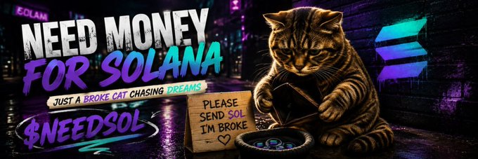 A graffiti-style banner reads "NEED MONEY FOR SOLANA" and "JUST A BROKE CAT CHASING DREAMS," featuring a tabby cat holding a sign that says "PLEASE SEND SOL I'M BROKE" next to a $NEEDSOL Solana token logo. The image humorously ties into the $NEED SOL memecoin branding, depicting a destitute feline begging for crypto donations.