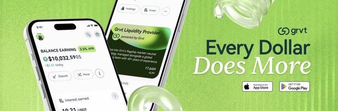 A green Grvt promotional banner reads “Every Dollar Does More” and shows app store download badges and a phone displaying “BALANCE EARNING” and “GRVT Liquidity Provider.”