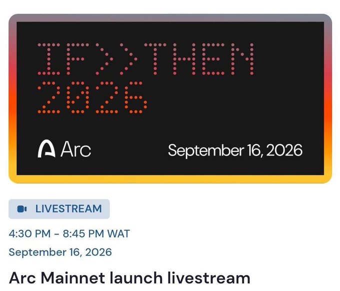 A promotional image for an Arc Mainnet launch livestream titled 'IF > THEN 2026', scheduled for September 16, 2026, from 4:30 PM to 8:45 PM WAT.